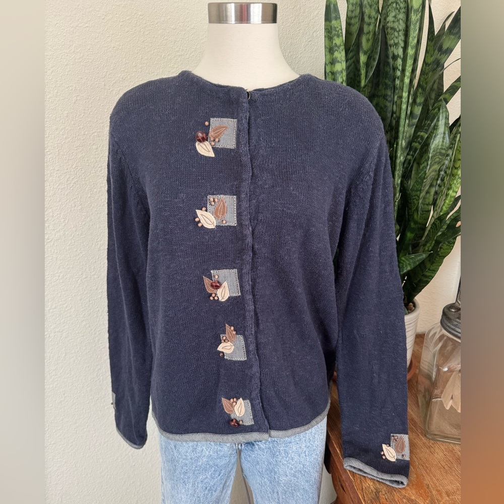 Vintage Leaf Knit Sweater Navy Ramie Cotton Y2K‎ Cozy Fall Cardigan beaded large